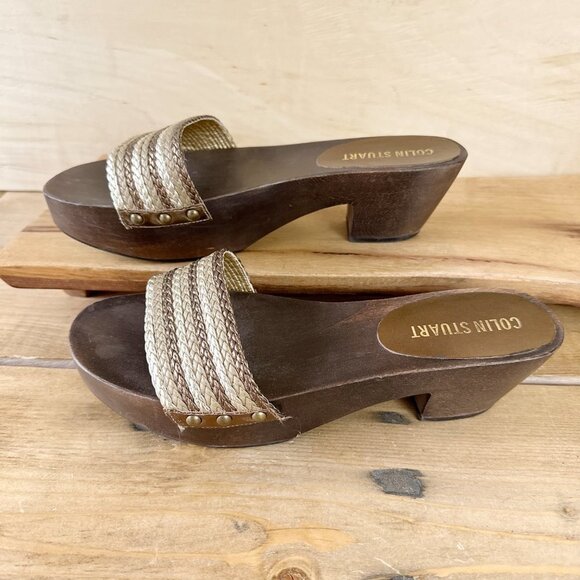 Colin Stuart Wood Bottoms Clogs Sandals‎ Leather 7.5 Gold Brown Platform - Picture 4 of 9
